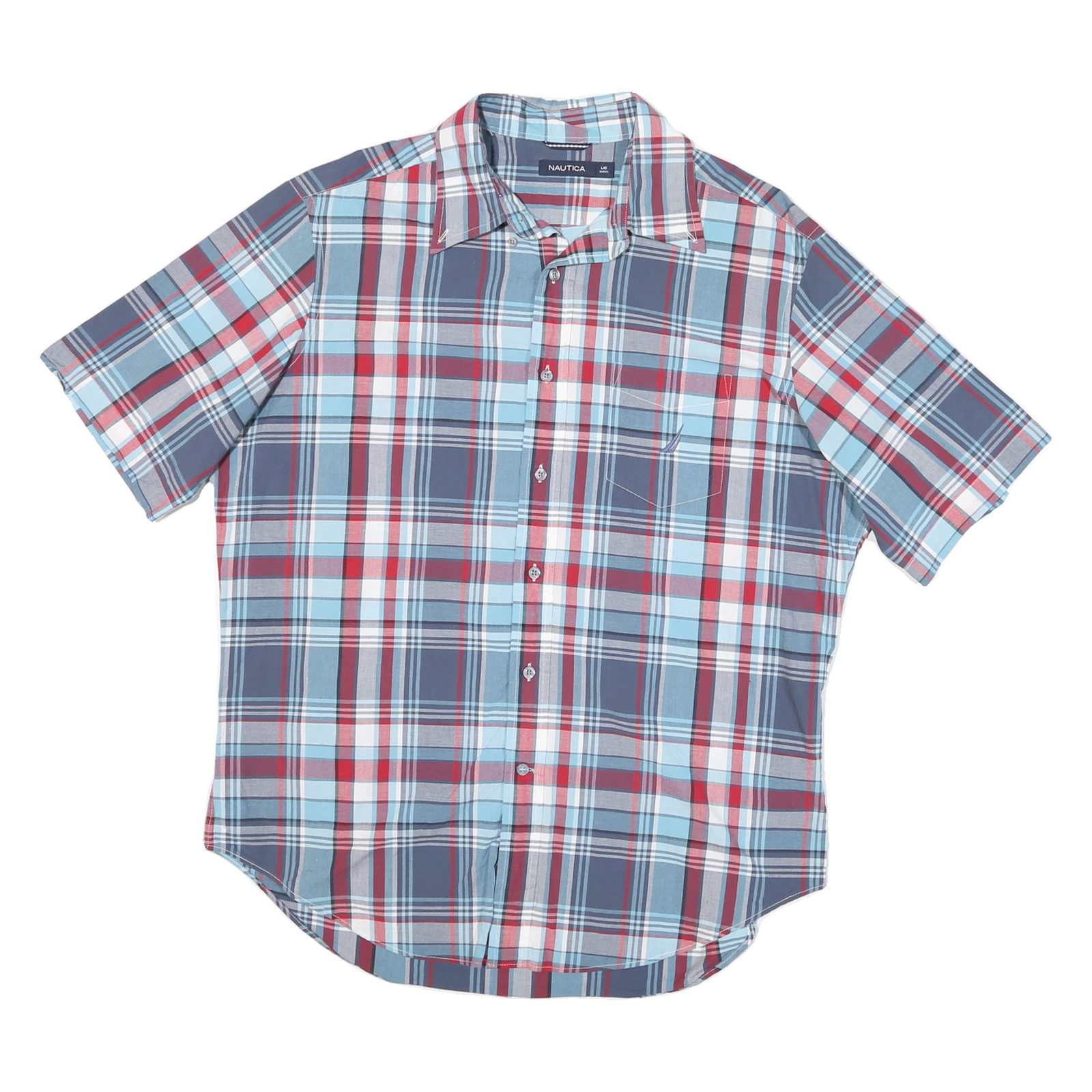 NAUTICA Mens Blue Red Check Shirt L Casual Cotton Blend Summer Button-Up