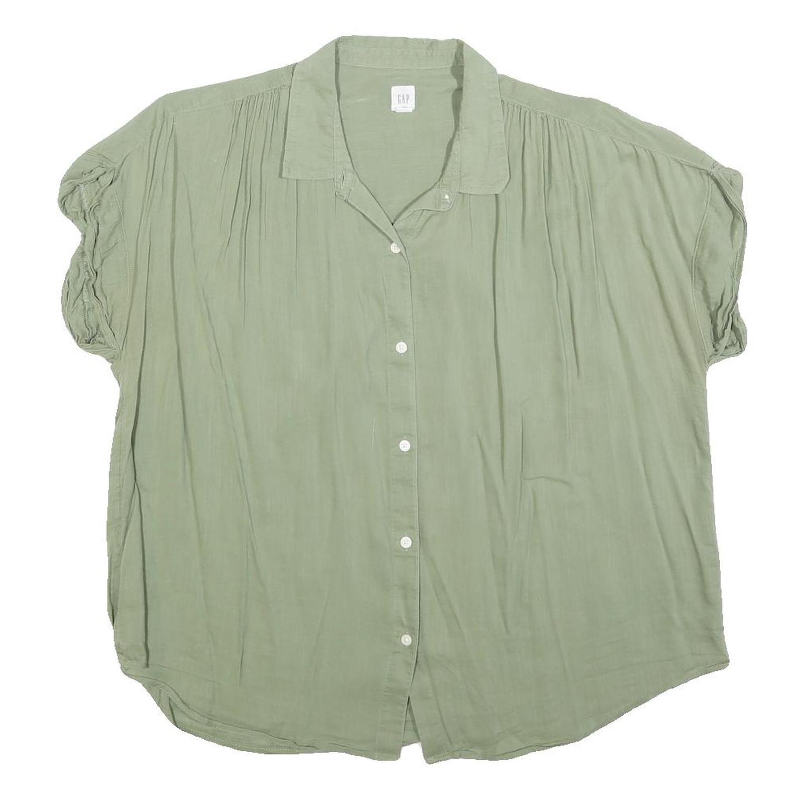 GAP Womens Green Button Shirt Short Sleeve Collared Cotton Blend L Relaxed Fit