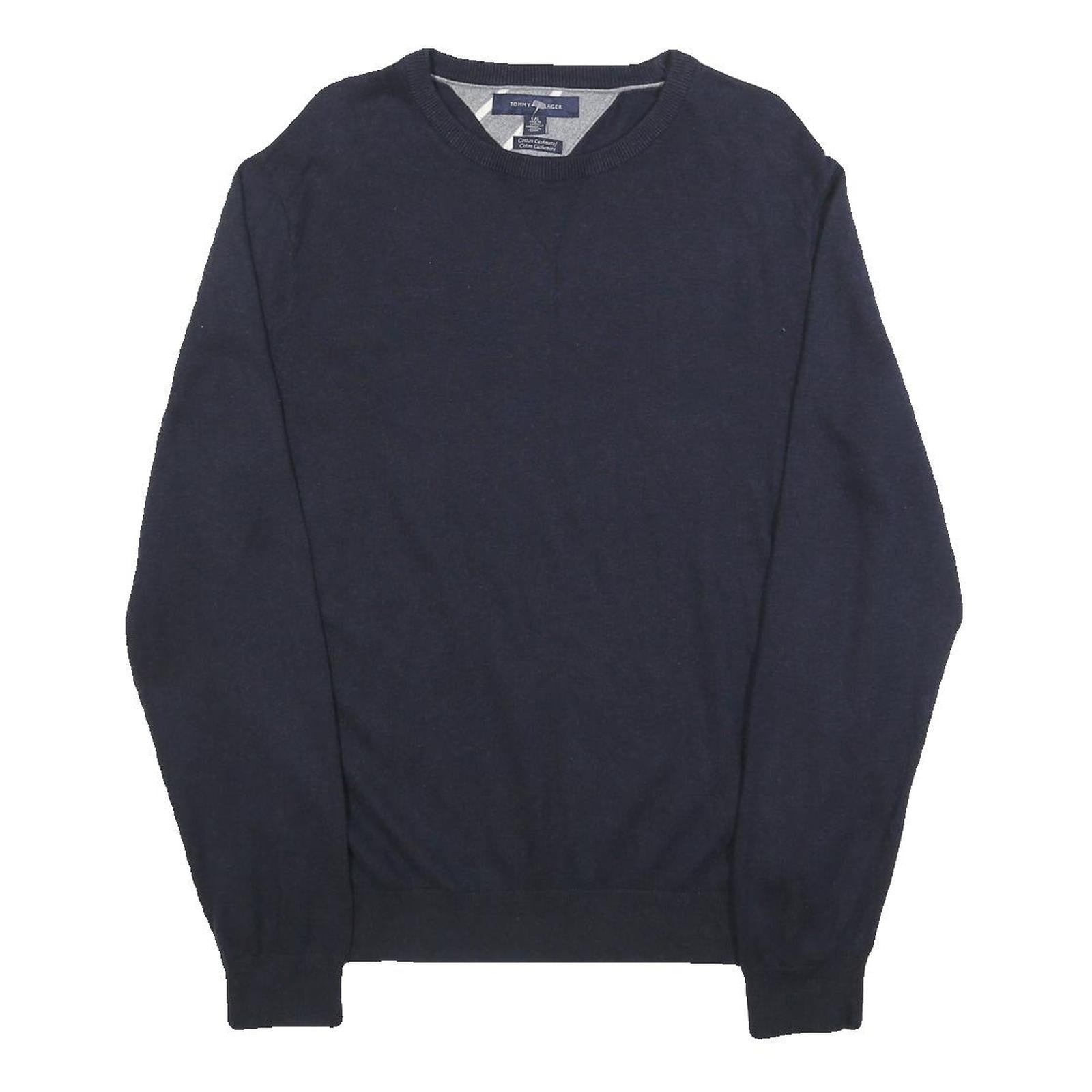 TOMMY HILFIGER Mens Navy Plain Cotton Blend Jumper Crew Neck Basic Knit L