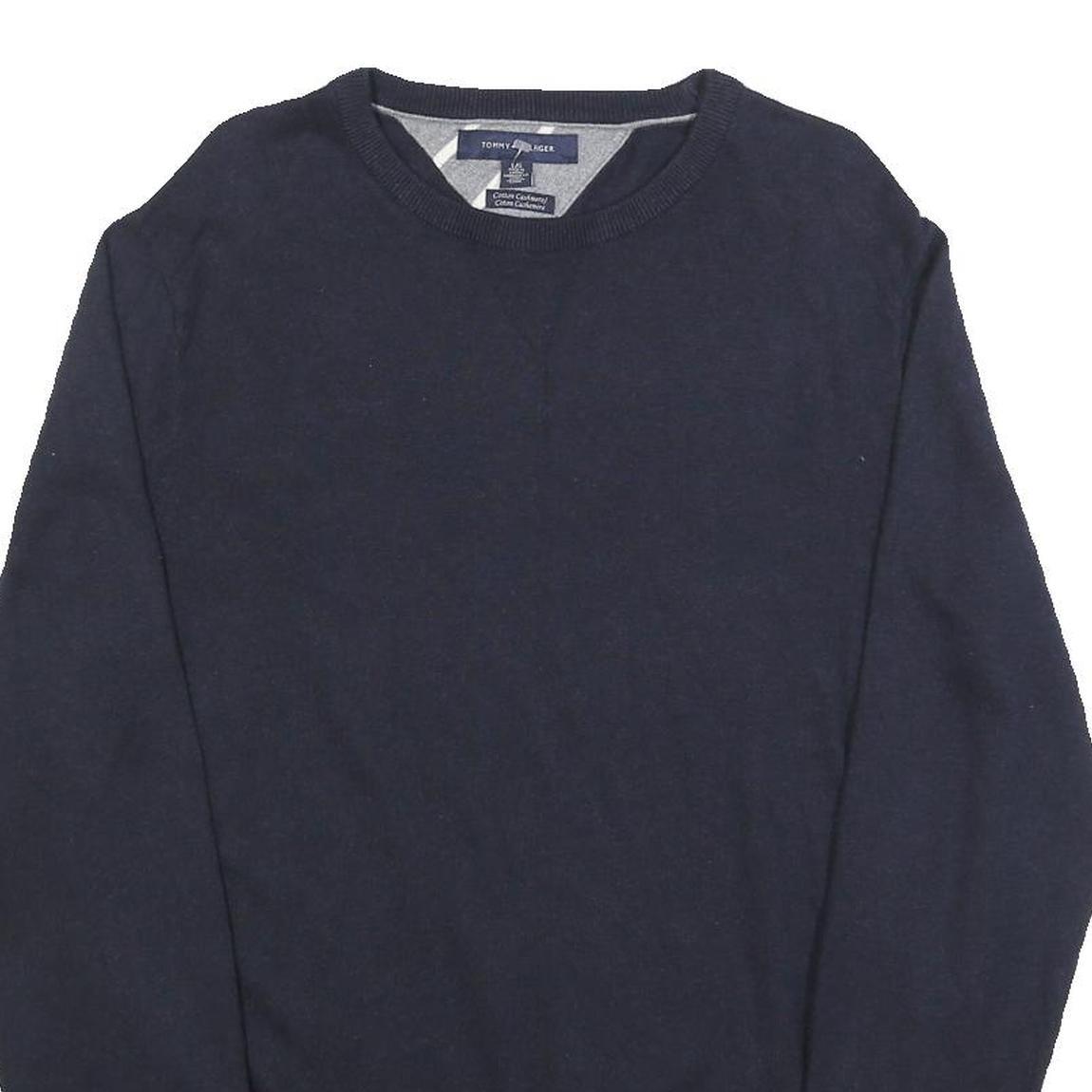 TOMMY HILFIGER Mens Navy Plain Cotton Blend Jumper Crew Neck Basic Knit L