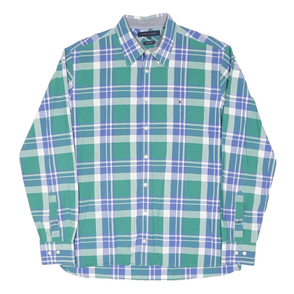 TOMMY HILFIGER Mens Green & Blue Plaid Shirt L Cotton Blend Long Sleeve Button
