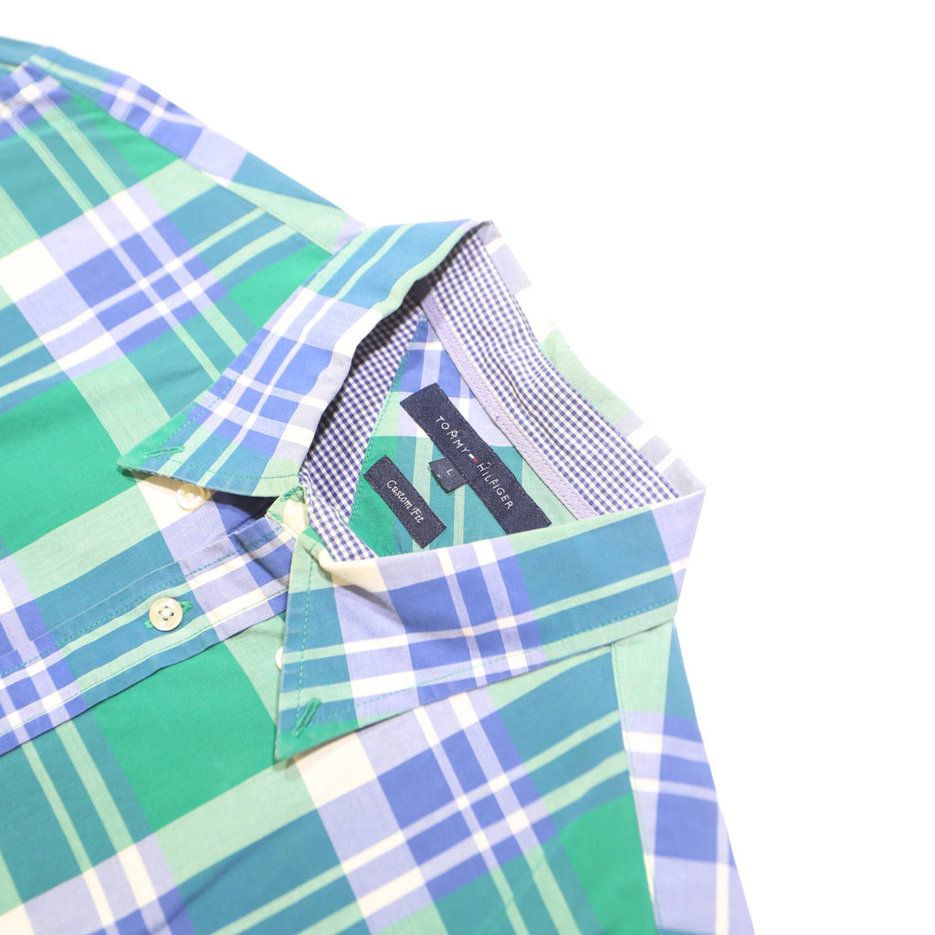 TOMMY HILFIGER Mens Green & Blue Plaid Shirt L Cotton Blend Long Sleeve Button