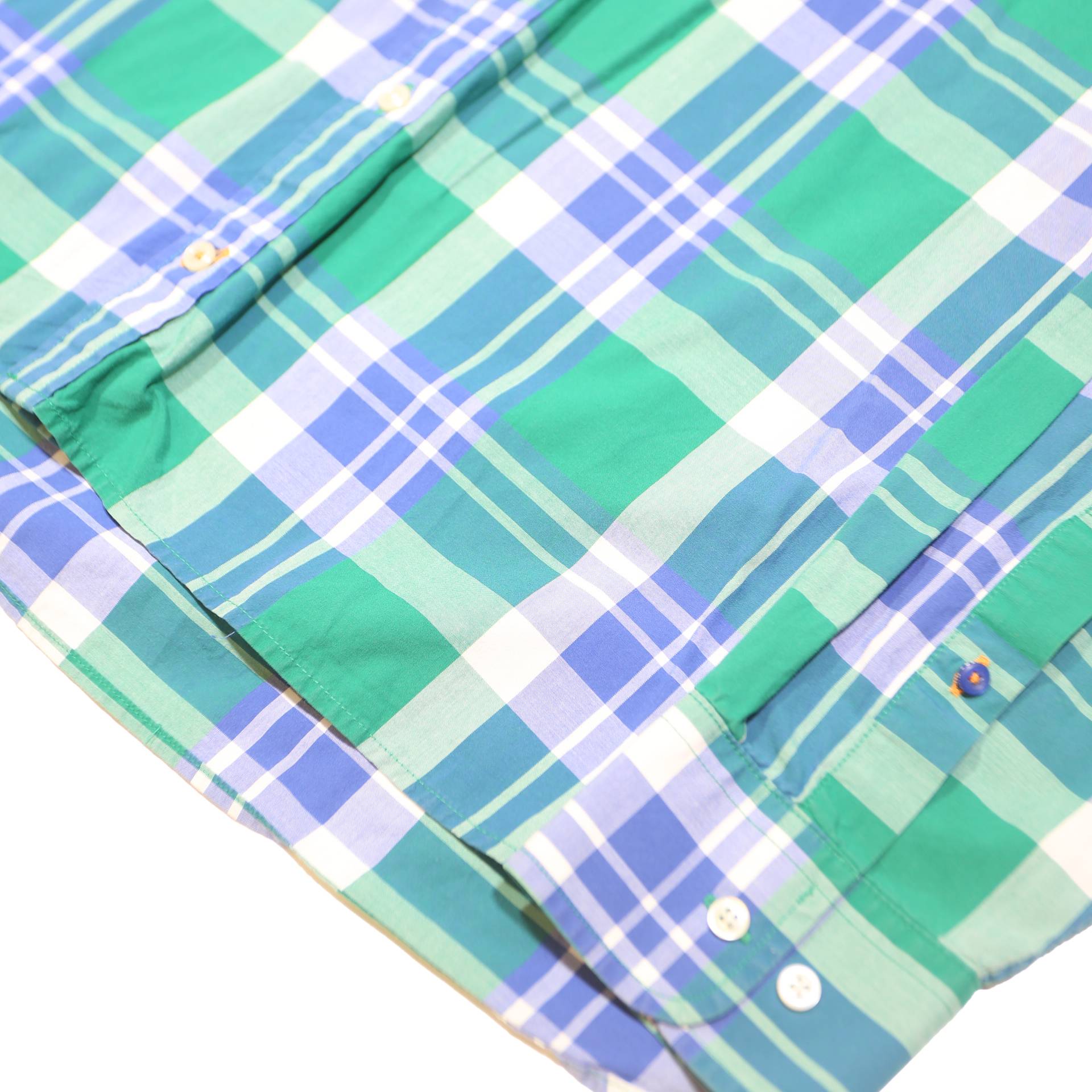 TOMMY HILFIGER Mens Green & Blue Plaid Shirt L Cotton Blend Long Sleeve Button