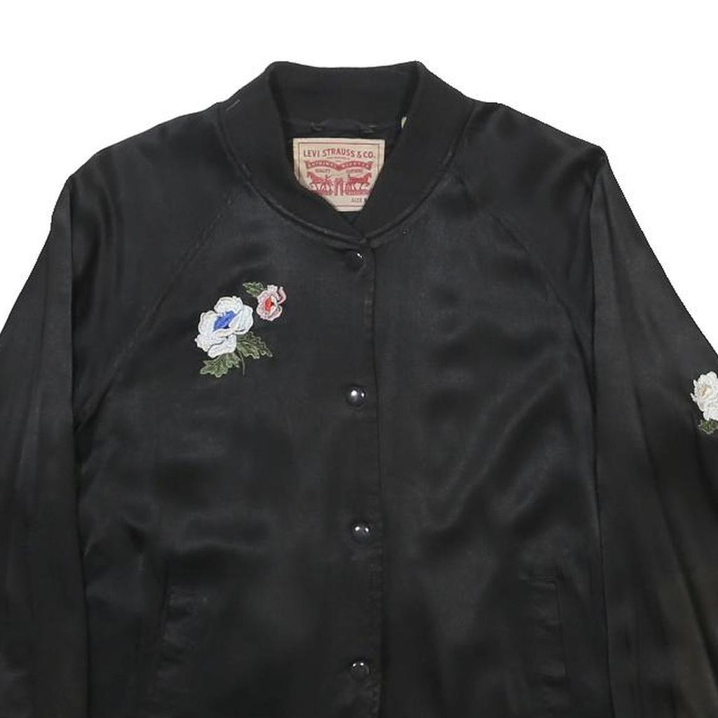 LEVI'S Womens Black Satin Bomber Jacket S Viscose Embroidered Floral Crane