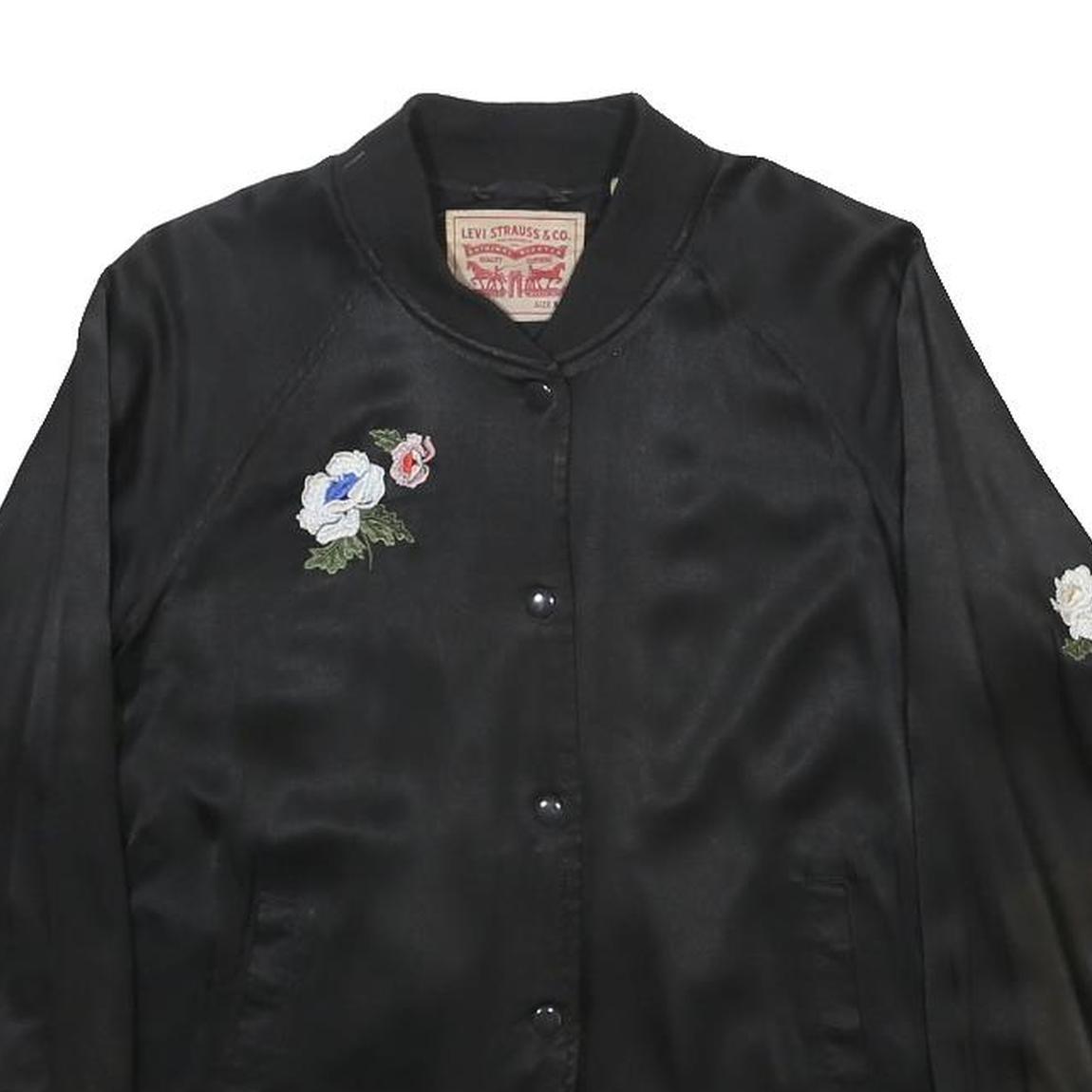 LEVI'S Womens Black Satin Bomber Jacket S Viscose Embroidered Floral Crane