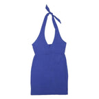 Womens Blue Halter Mini Dress Cotton Blend Sleeveless Summer Casual L