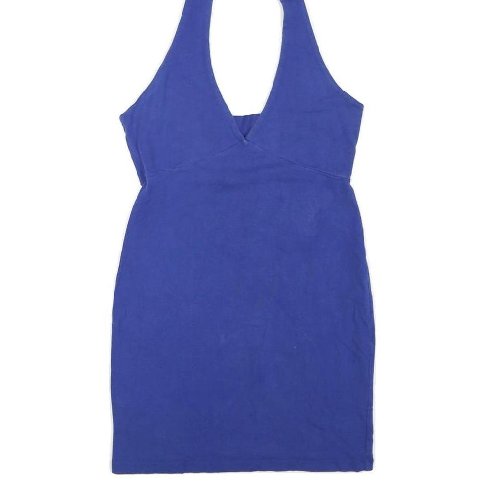 Womens Blue Halter Mini Dress Cotton Blend Sleeveless Summer Casual L