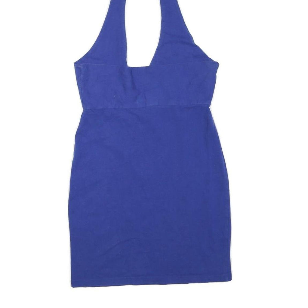 Womens Blue Halter Mini Dress Cotton Blend Sleeveless Summer Casual L