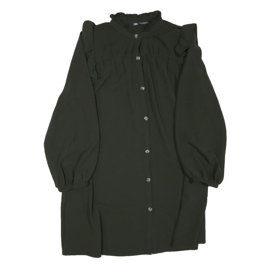 ZARA Womens Green Dress Polyester Blend Long Sleeve Mini Ruffle Collar Button