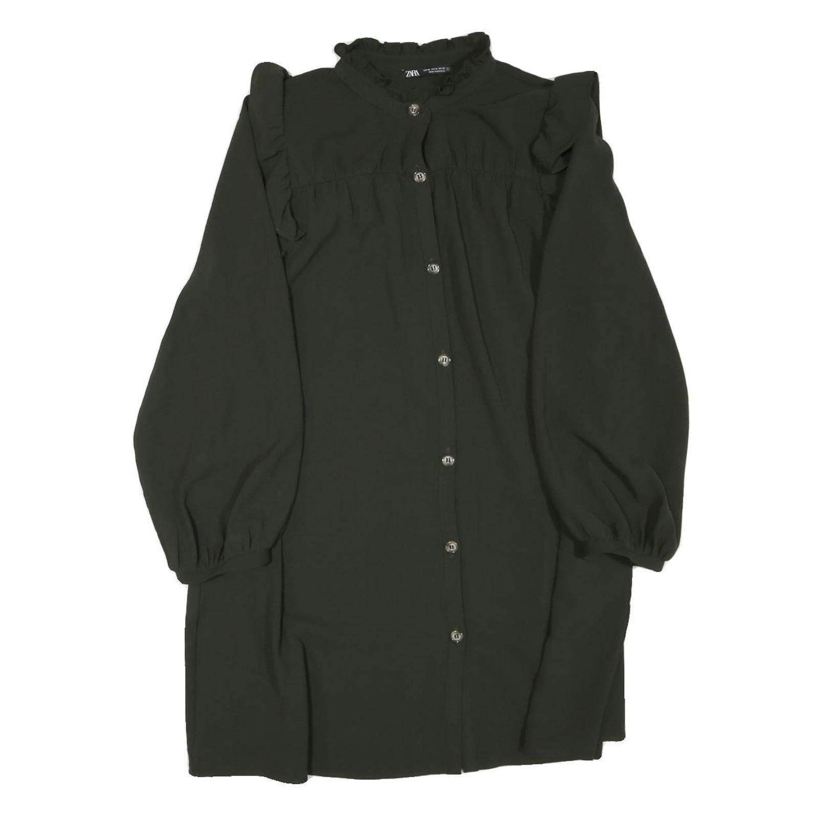 ZARA Womens Green Dress Polyester Blend Long Sleeve Mini Ruffle Collar Button