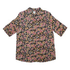 DW SHOP Womens Black Pink Floral Cotton Blend Shirt Short Sleeve Collared L