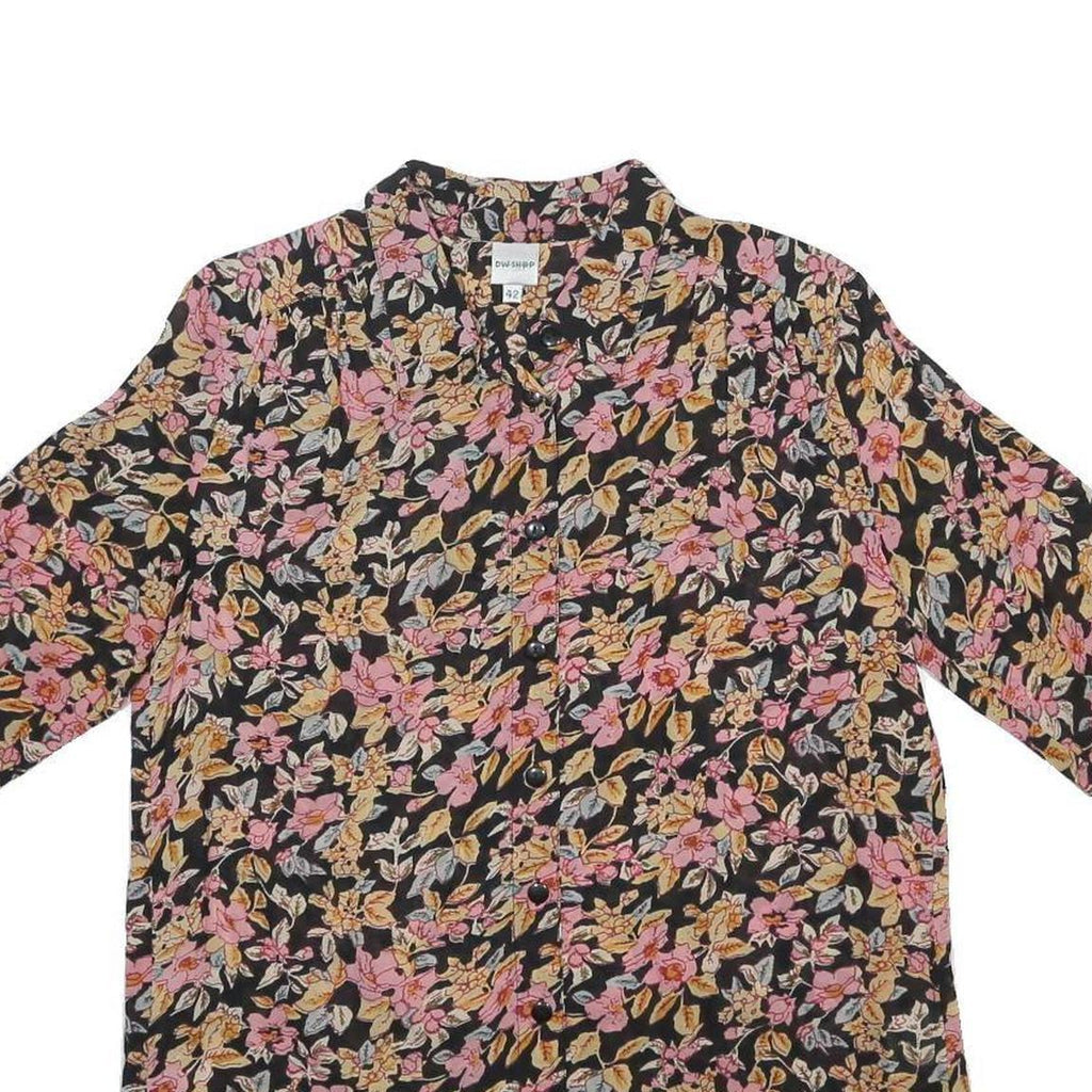 DW SHOP Womens Black Pink Floral Cotton Blend Shirt Short Sleeve Collared L