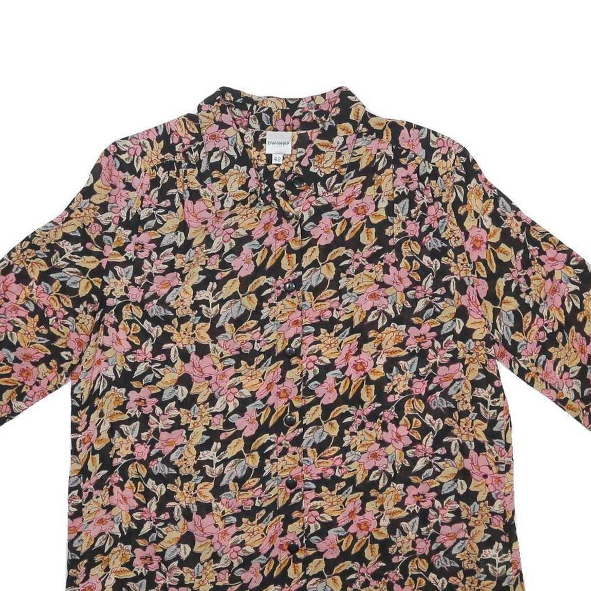 DW SHOP Womens Black Pink Floral Cotton Blend Shirt Short Sleeve Collared L