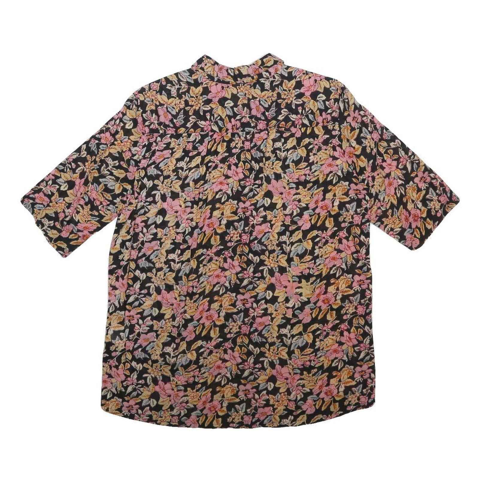 DW SHOP Womens Black Pink Floral Cotton Blend Shirt Short Sleeve Collared L