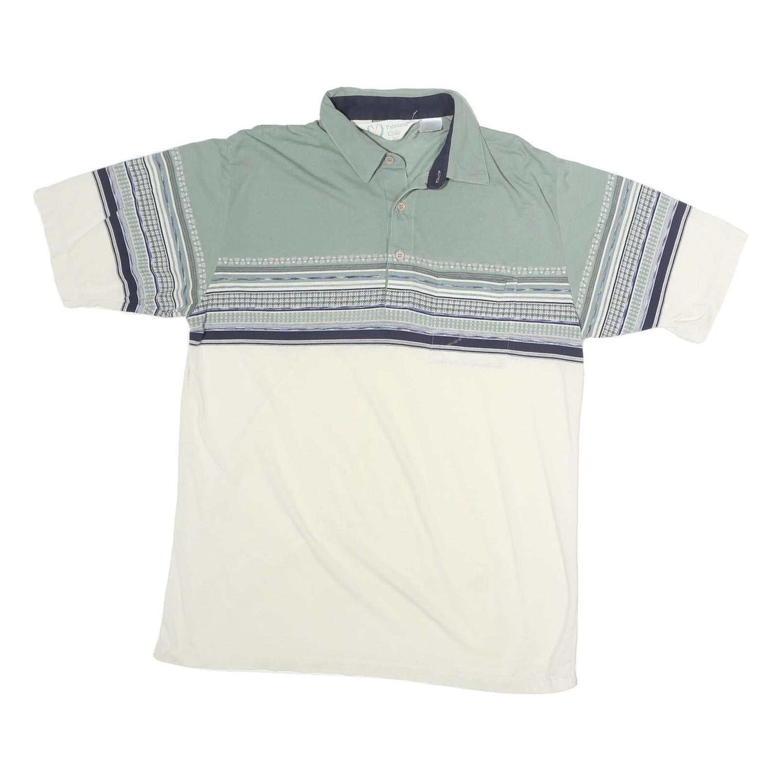 PALMLAND CLUB Mens Green & Cream Striped Short Sleeve M Cotton Polo Shirt Casual