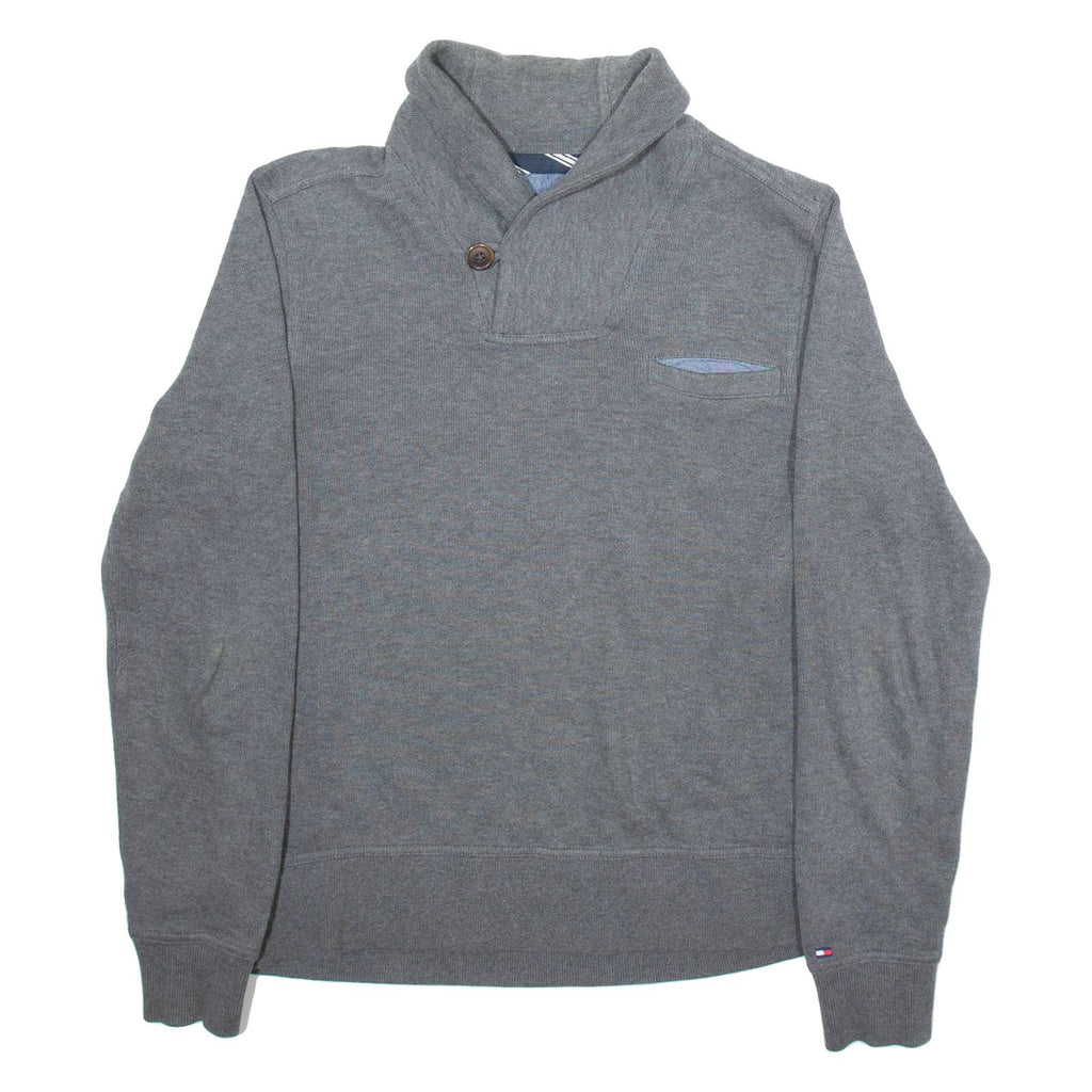 TOMMY HILFIGER Mens Jumper Grey Button Neck Tight Knit S