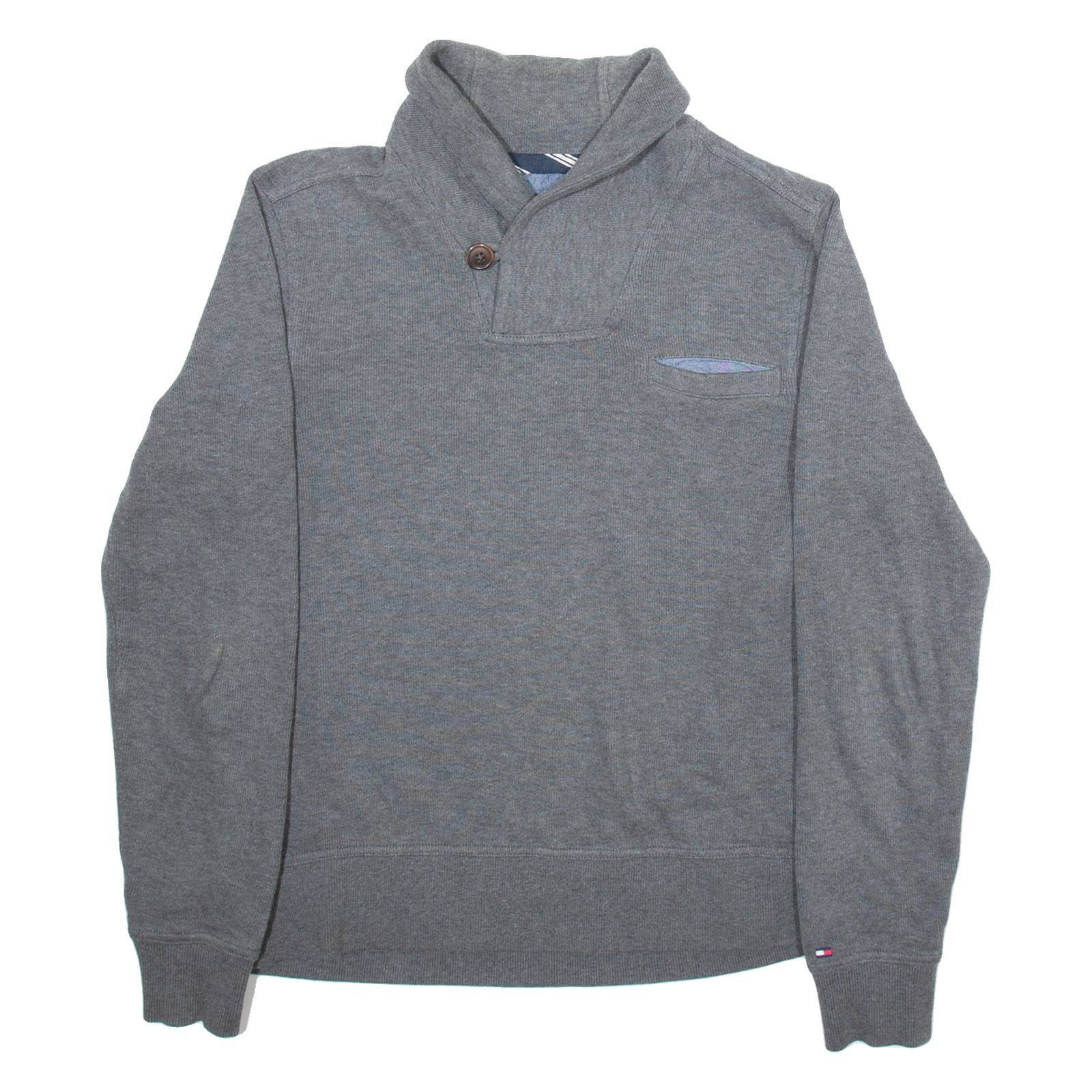 TOMMY HILFIGER Mens Jumper Grey Button Neck Tight Knit S