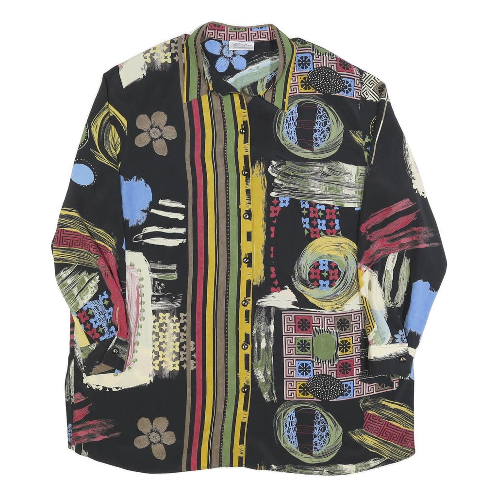 ERFE Womens Black Abstract Floral Shirt Dress Polyester Long Sleeve L Casual