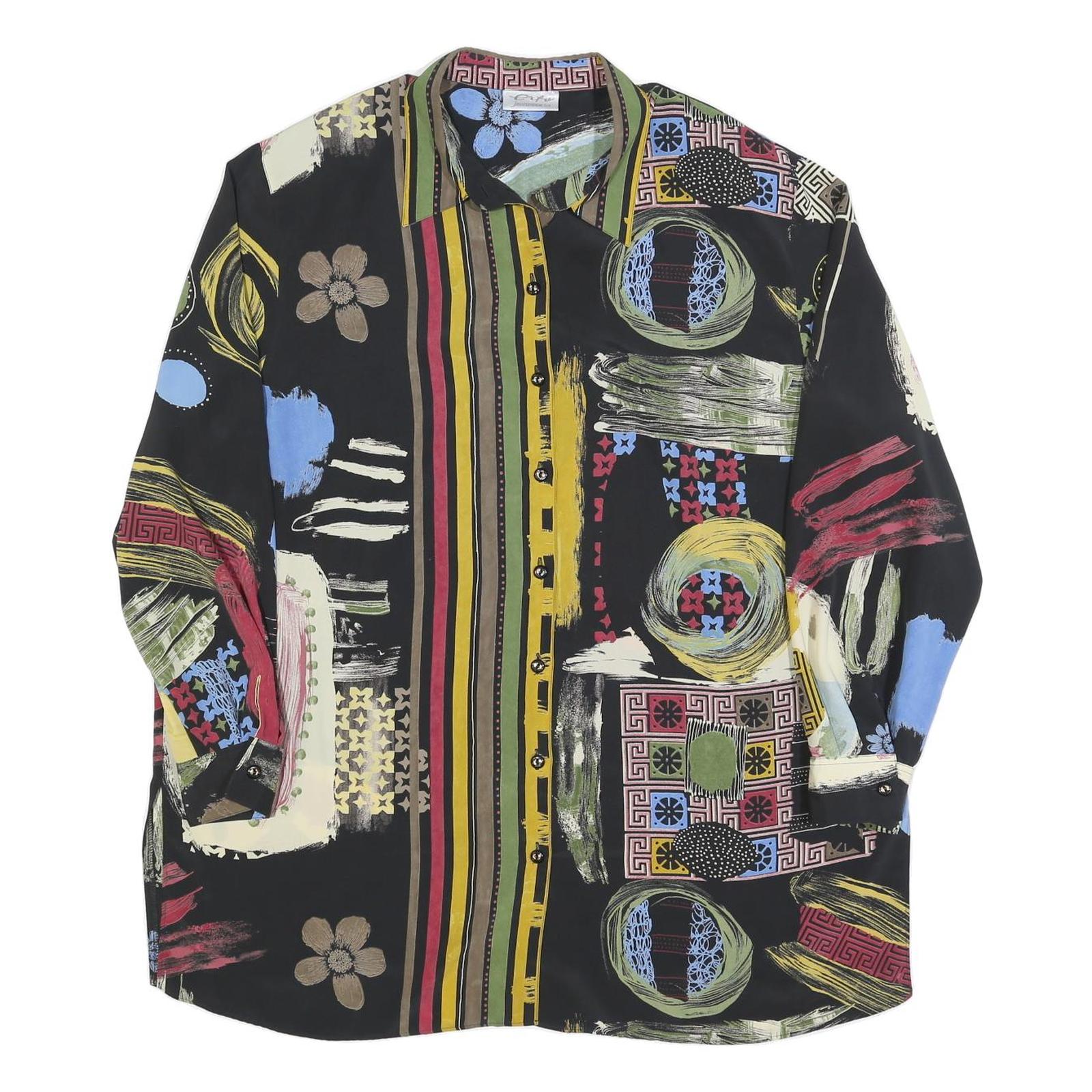 ERFE Womens Black Abstract Floral Shirt Dress Polyester Long Sleeve L Casual