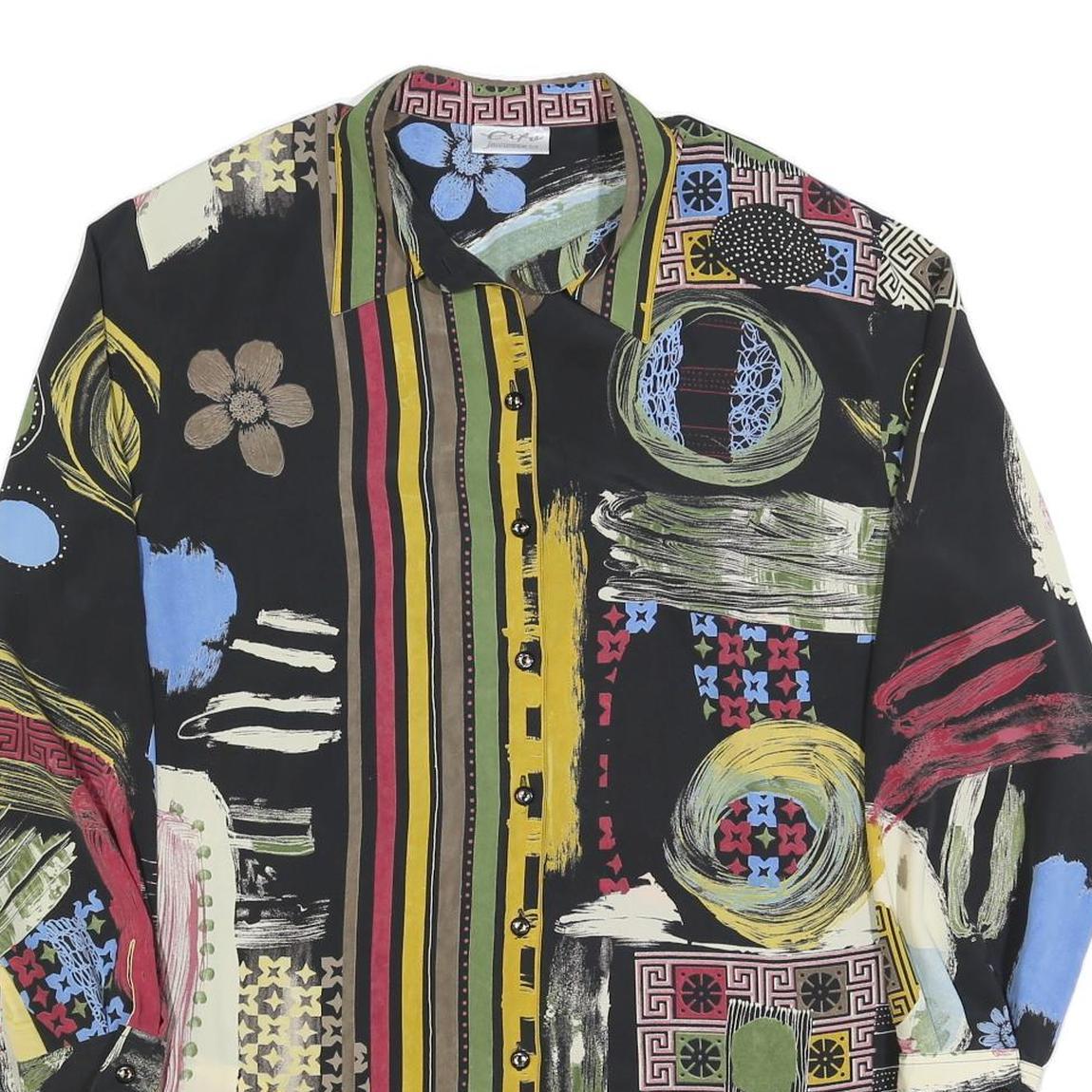 ERFE Womens Black Abstract Floral Shirt Dress Polyester Long Sleeve L Casual