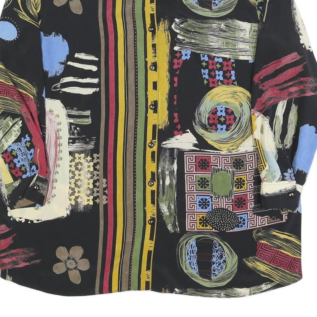 ERFE Womens Black Abstract Floral Shirt Dress Polyester Long Sleeve L Casual