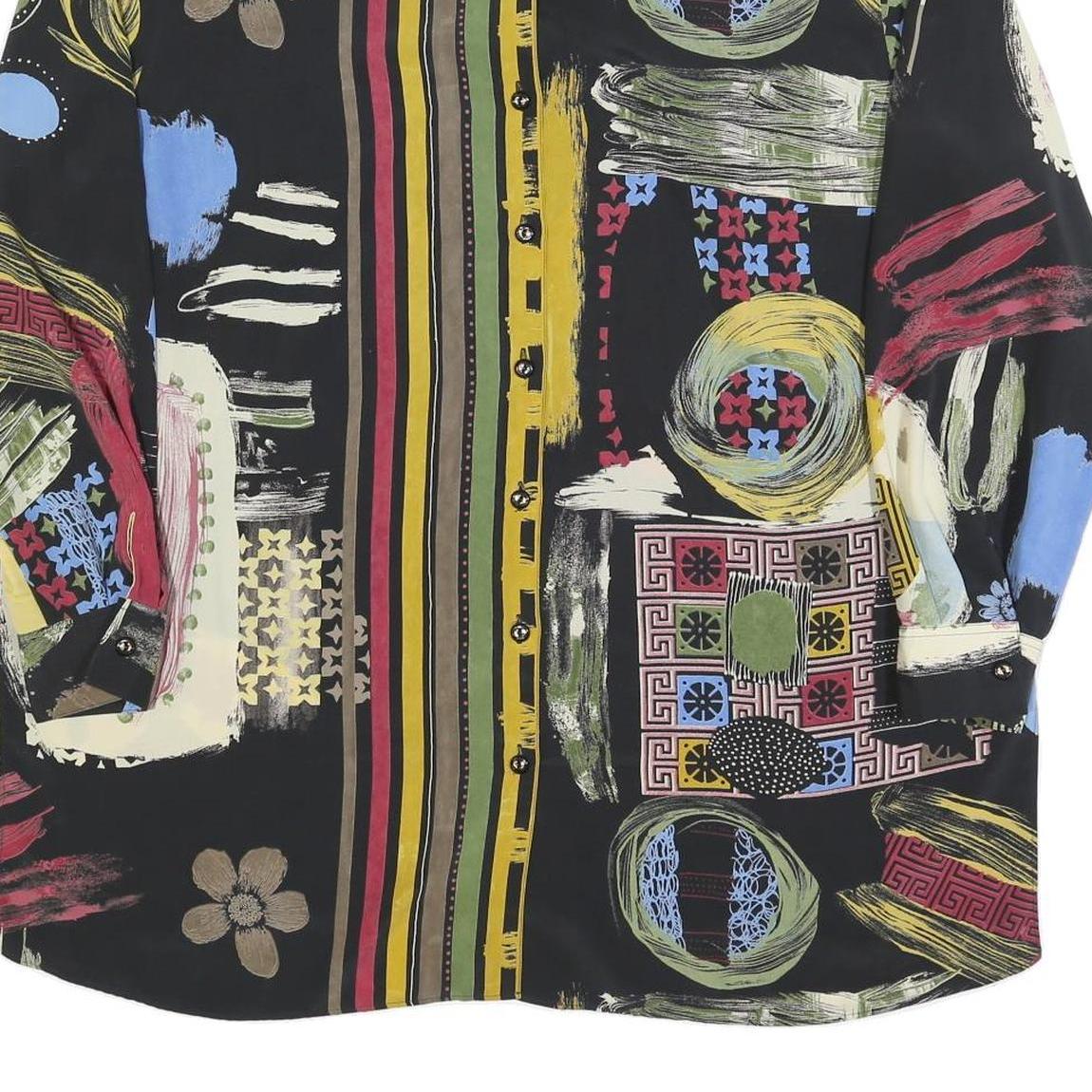 ERFE Womens Black Abstract Floral Shirt Dress Polyester Long Sleeve L Casual