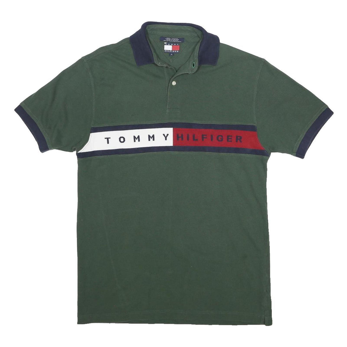 TOMMY HILFIGER Mens Green & Navy Cotton Short Sleeve Polo Shirt S Branded Logo