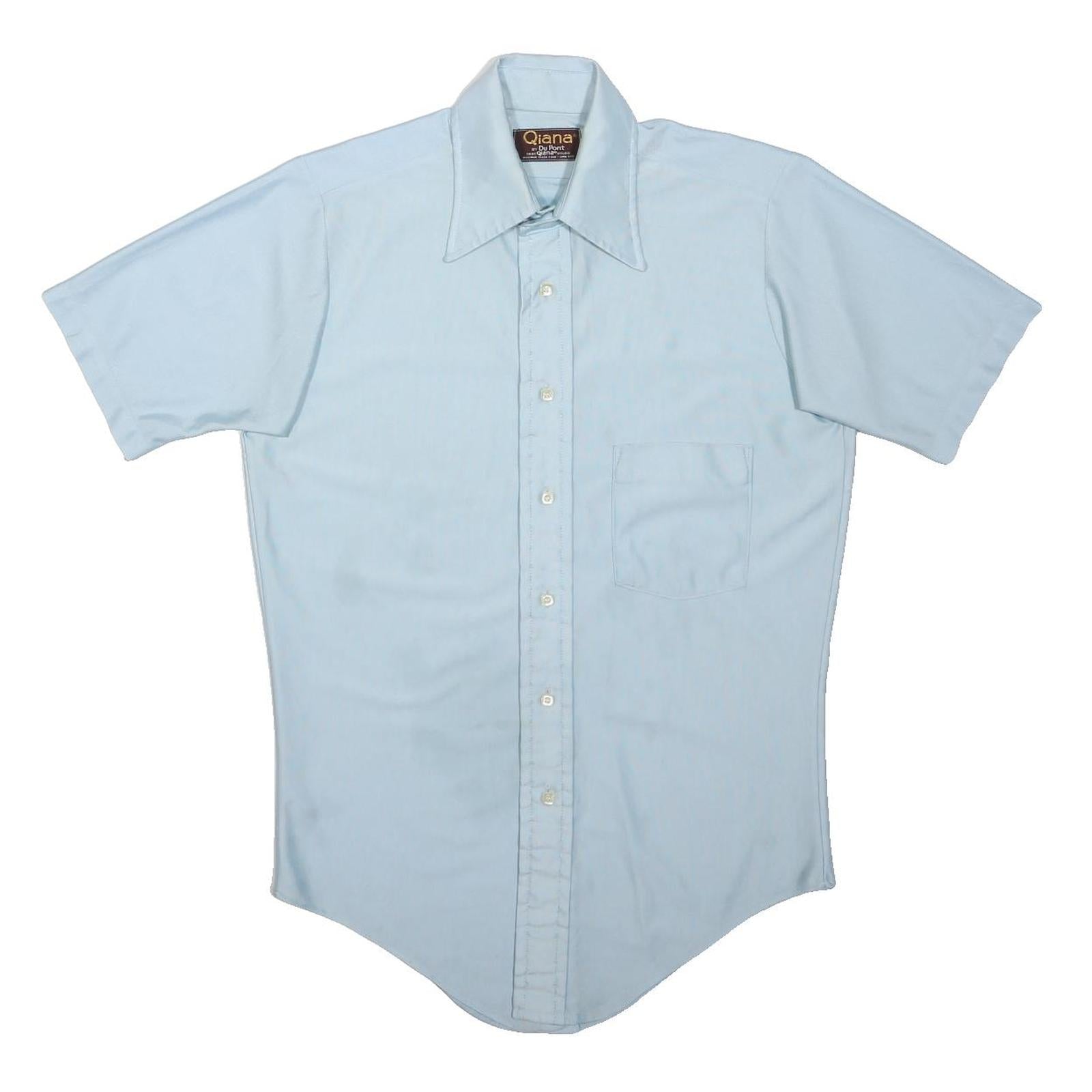 DU POINT Mens Blue Nylon Shirt M Classic Button Collar Short Sleeve