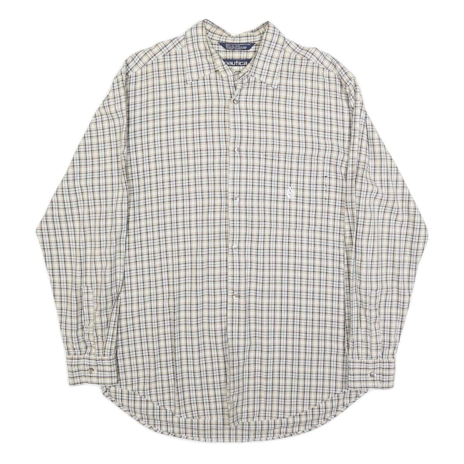 NAUTICA Mens Beige & Brown Checked Shirt M Cotton Blend Casual Button Down Long