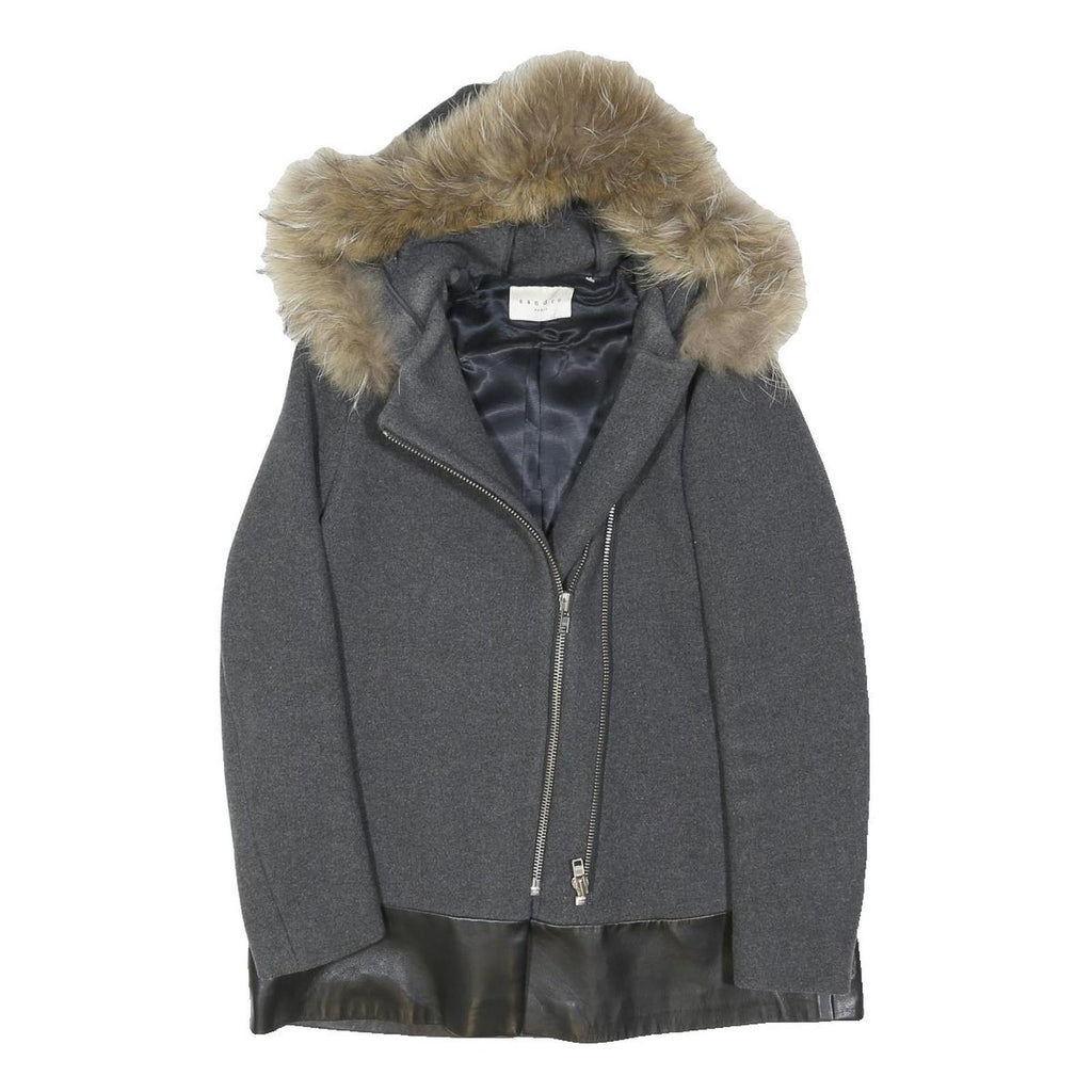 SANDRO Womens Grey & Black Wool Zip Jacket S Leather Trim Faux Fur Hood
