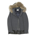 SANDRO Womens Grey & Black Wool Zip Jacket S Leather Trim Faux Fur Hood
