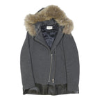 SANDRO Womens Grey & Black Wool Zip Jacket S Leather Trim Faux Fur Hood
