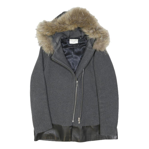 SANDRO Womens Grey & Black Wool Zip Jacket S Leather Trim Faux Fur Hood