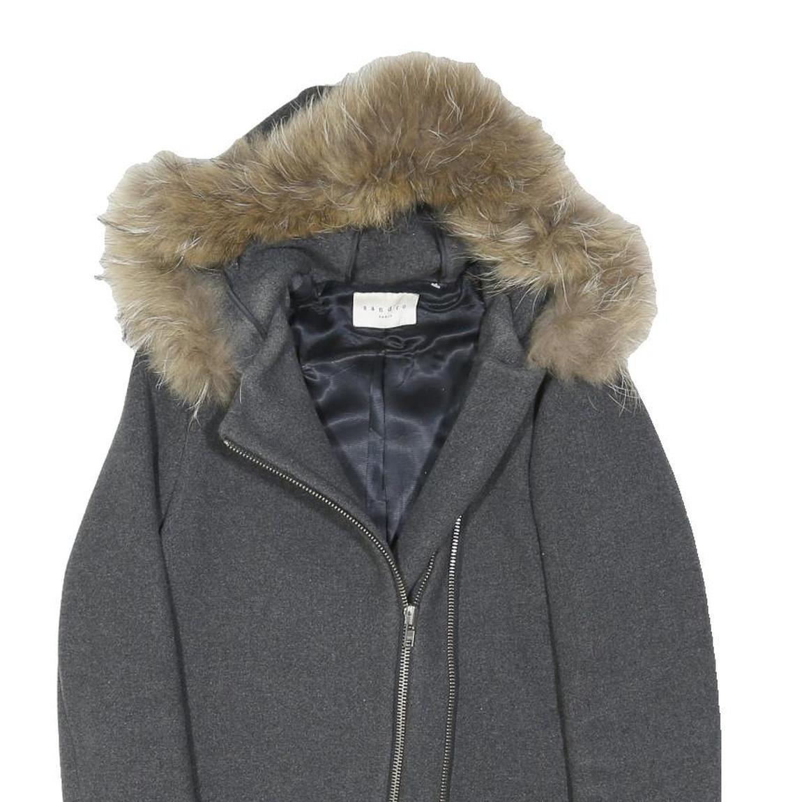 SANDRO Womens Grey & Black Wool Zip Jacket S Leather Trim Faux Fur Hood