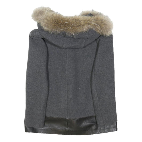 SANDRO Womens Grey & Black Wool Zip Jacket S Leather Trim Faux Fur Hood