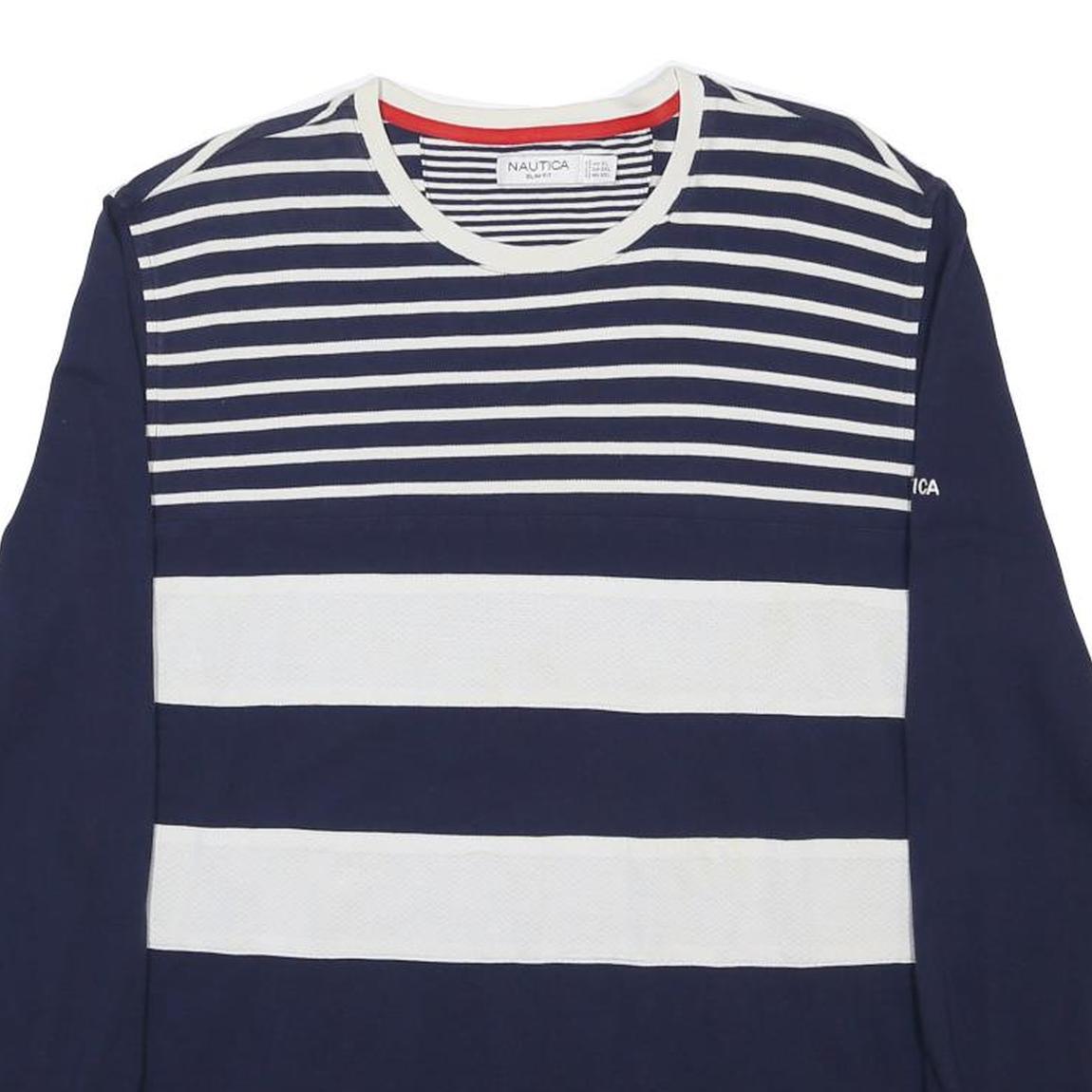 NAUTICA Mens Navy & White Striped Modern Long Sleeve Crew Neck XL Cotton Blend