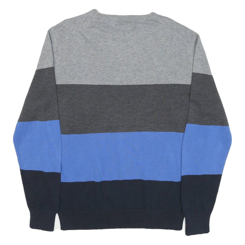 CALVIN KLEIN Mens Grey & Blue Colourblock Pattern Crew Neck Basic Knit XL Cotton