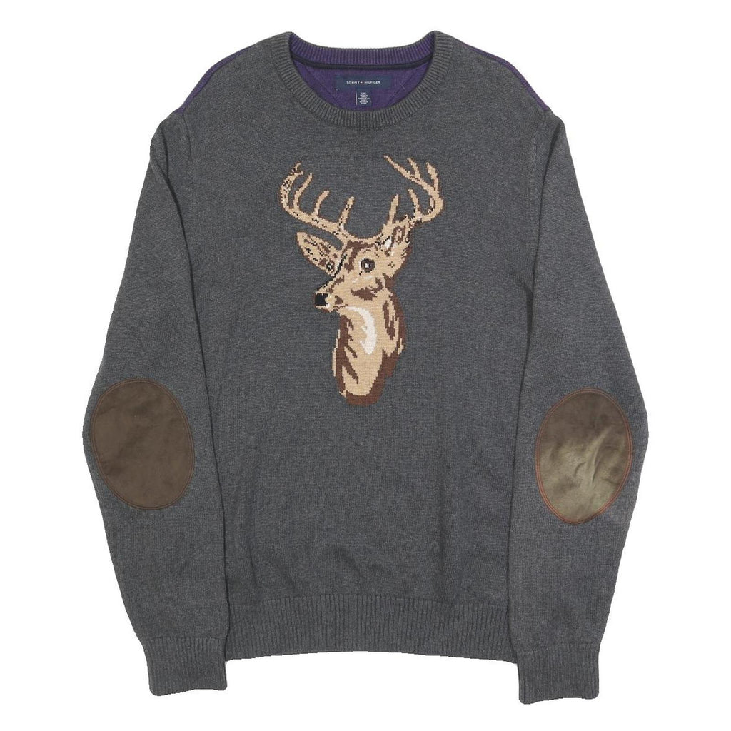TOMMY HILFIGER Mens Grey & Purple Deer Pattern Cotton Jumper Crew Neck Basic