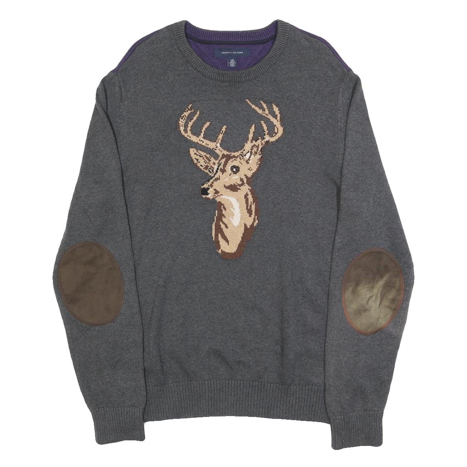 TOMMY HILFIGER Mens Grey & Purple Deer Pattern Cotton Jumper Crew Neck Basic