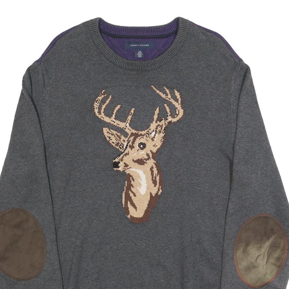 TOMMY HILFIGER Mens Grey & Purple Deer Pattern Cotton Jumper Crew Neck Basic