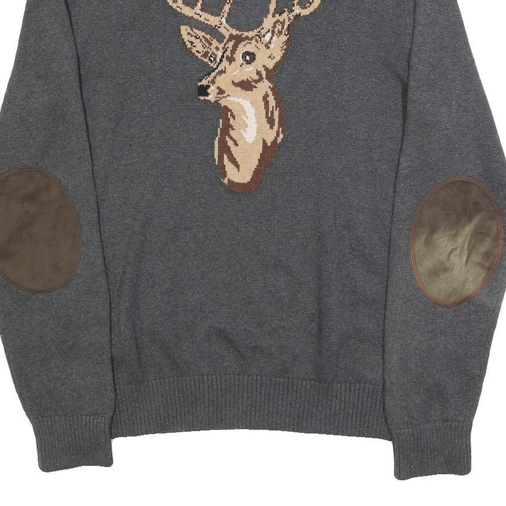 TOMMY HILFIGER Mens Grey & Purple Deer Pattern Cotton Jumper Crew Neck Basic