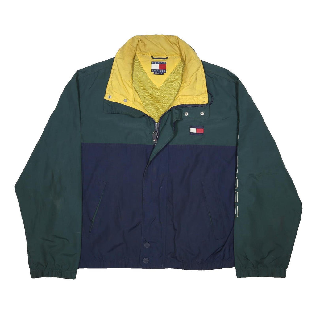 TOMMY HILFIGER Womens Green & Navy Colourblock Zip Outdoor Jacket L Nylon Woven