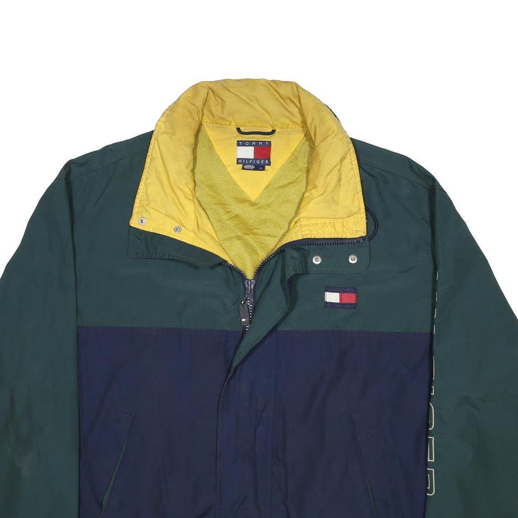 TOMMY HILFIGER Womens Green & Navy Colourblock Zip Outdoor Jacket L Nylon Woven