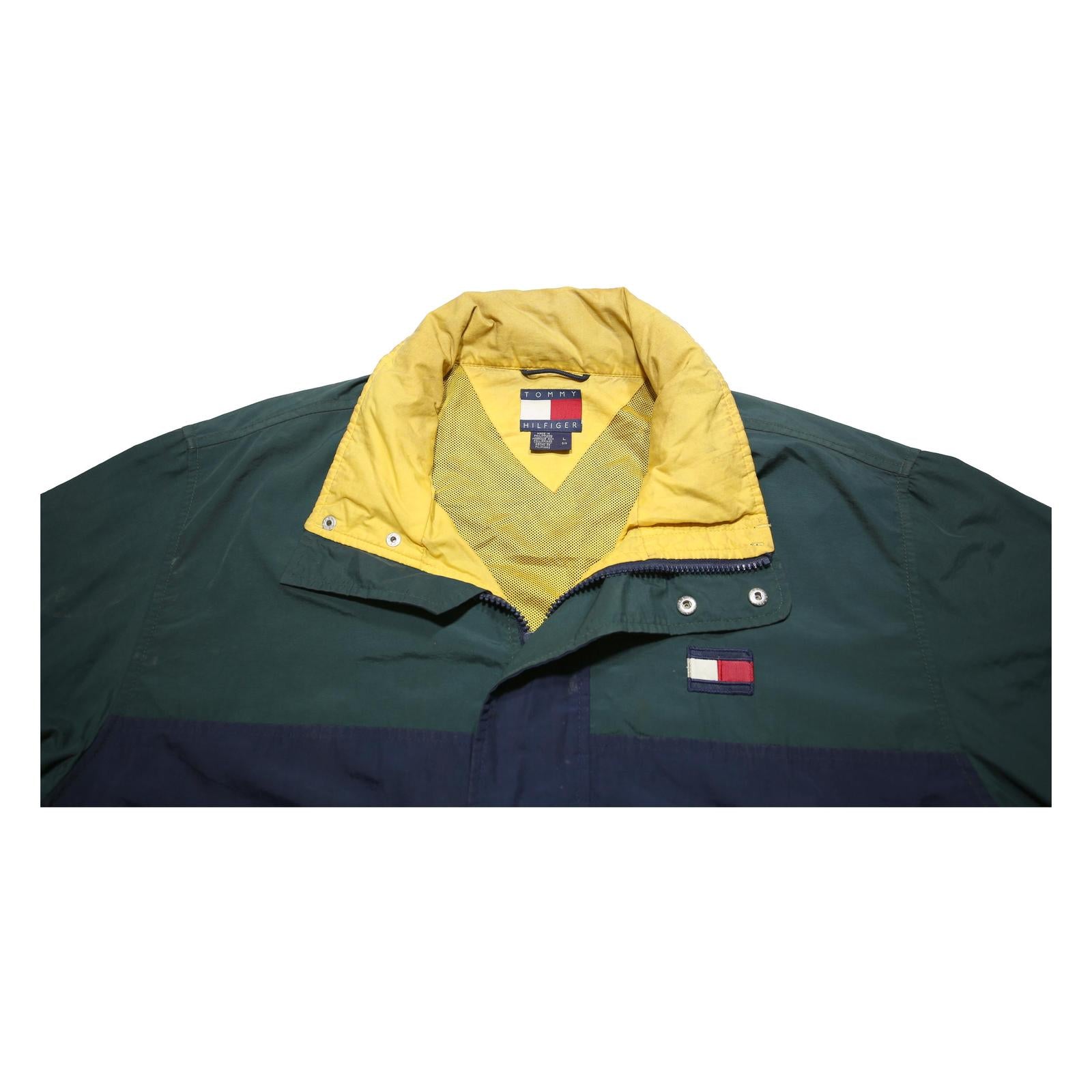 TOMMY HILFIGER Womens Green & Navy Colourblock Zip Outdoor Jacket L Nylon Woven