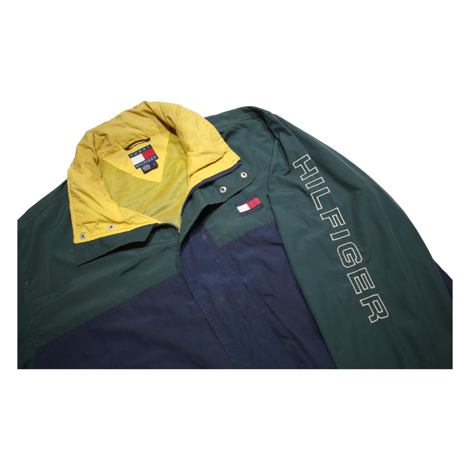 TOMMY HILFIGER Womens Green & Navy Colourblock Zip Outdoor Jacket L Nylon Woven