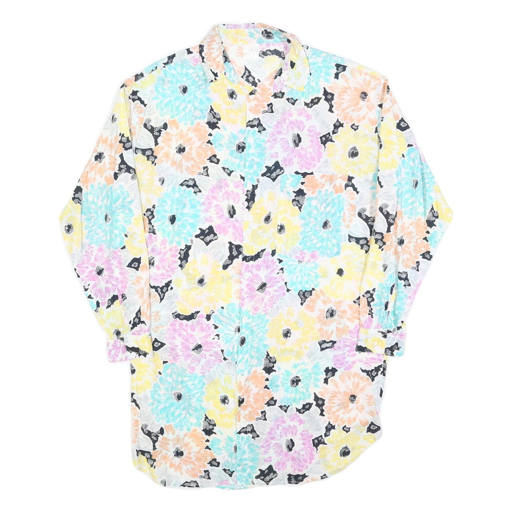 Mens White Floral Pattern Cotton Blend Shirt L Casual Button Up Long Sleeve