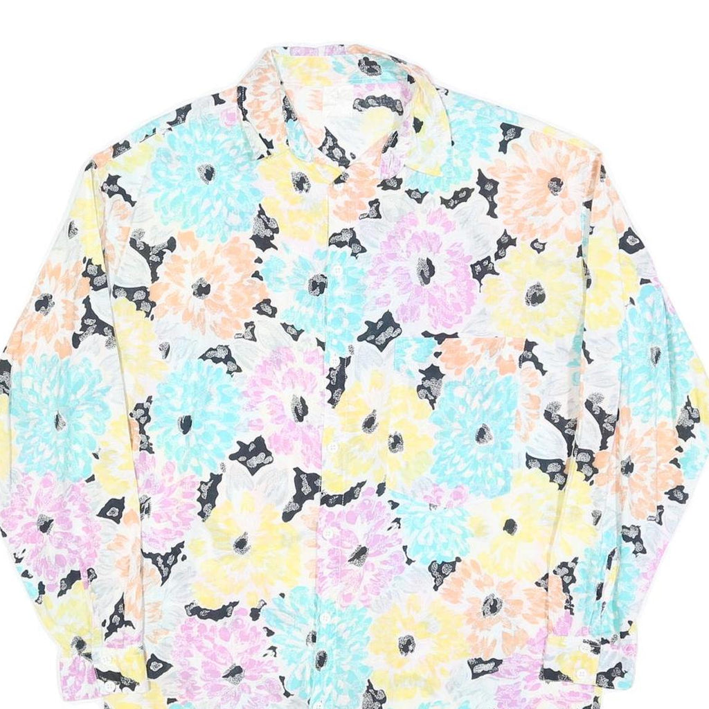 Mens White Floral Pattern Cotton Blend Shirt L Casual Button Up Long Sleeve