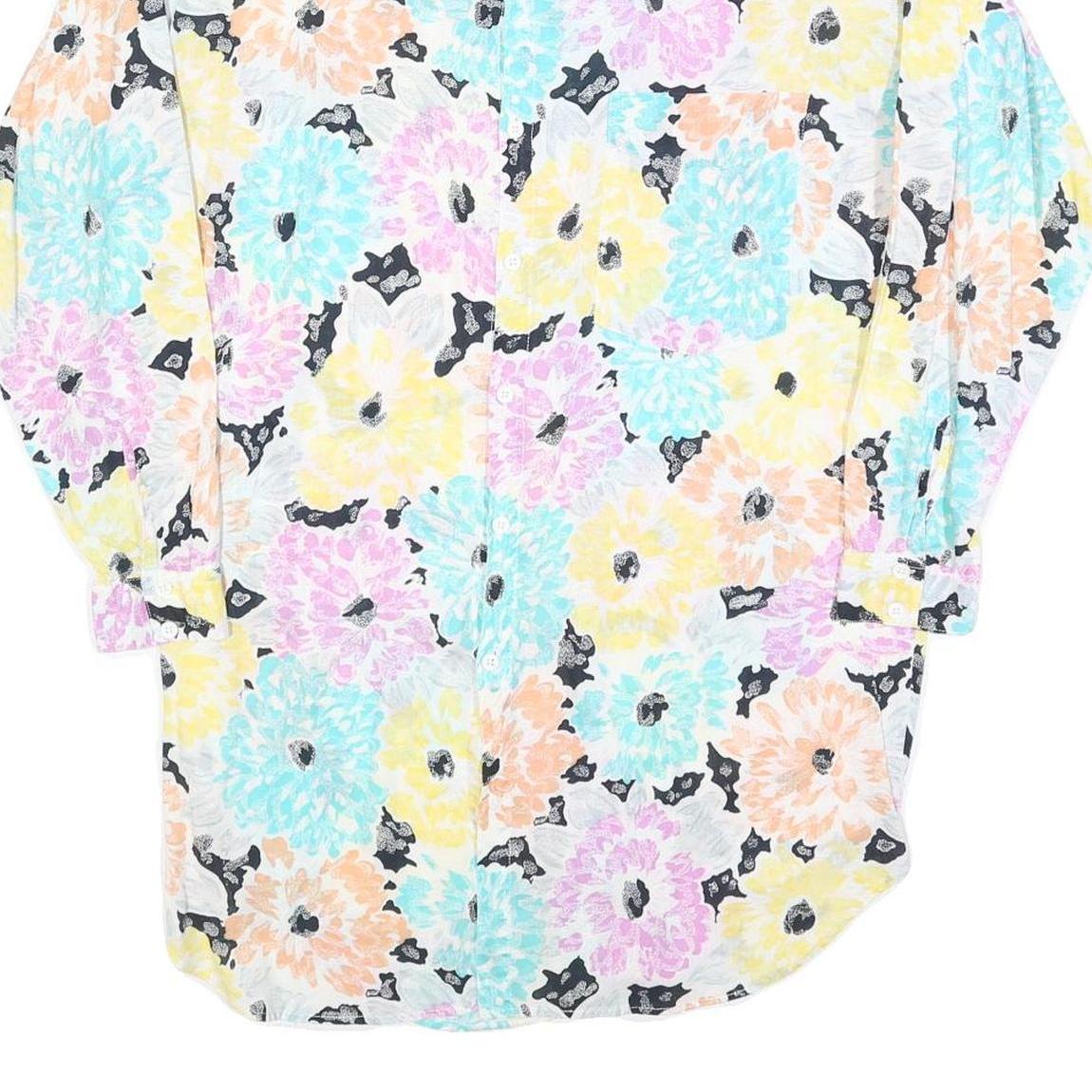 Mens White Floral Pattern Cotton Blend Shirt L Casual Button Up Long Sleeve