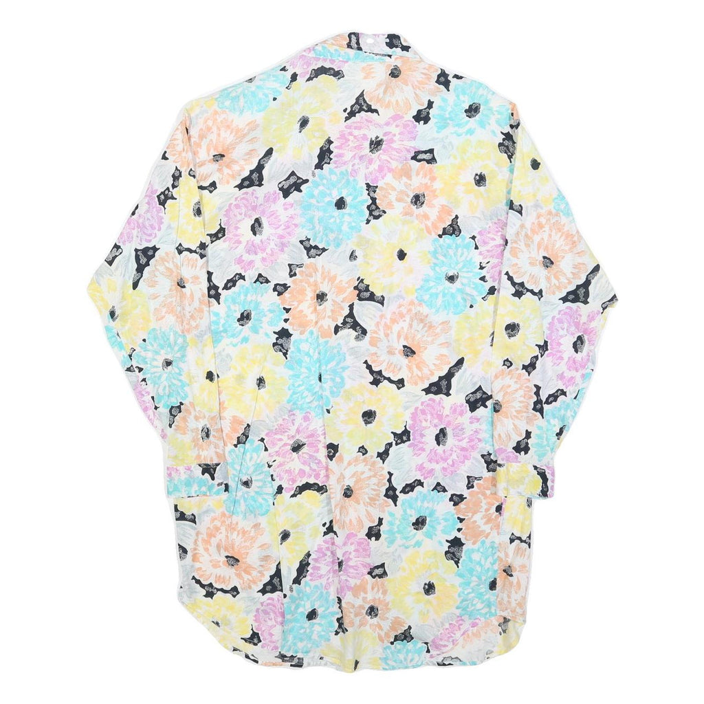 Mens White Floral Pattern Cotton Blend Shirt L Casual Button Up Long Sleeve