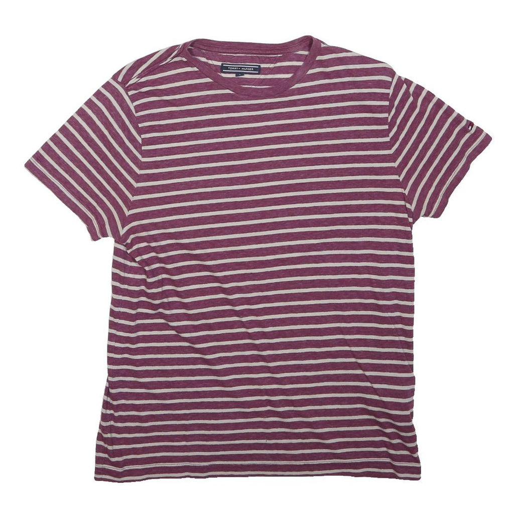TOMMY HILFIGER Mens Maroon & White Striped T-Shirt S Short Sleeve Crew Neck